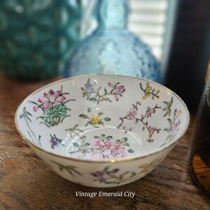 Vtg Japanese Porcelain Dish Trinket Bowl Hong Kong Floral Pattern Gilt Trim